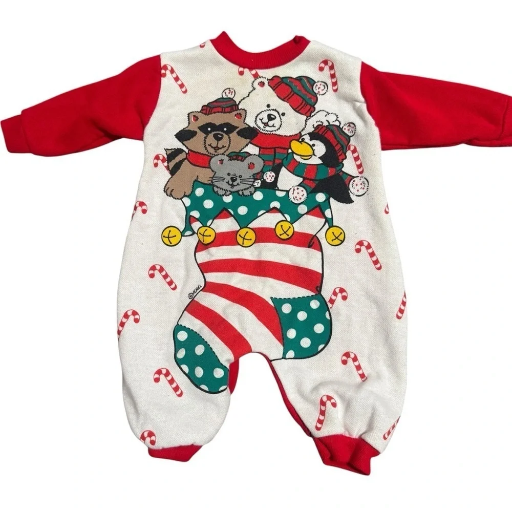 Vintage Santa's Club Critter Stocking Christmas Romper Children's Graphic 3-6 MO